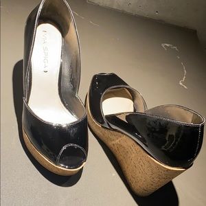 Via Spiga Black Patent Cork Wedges